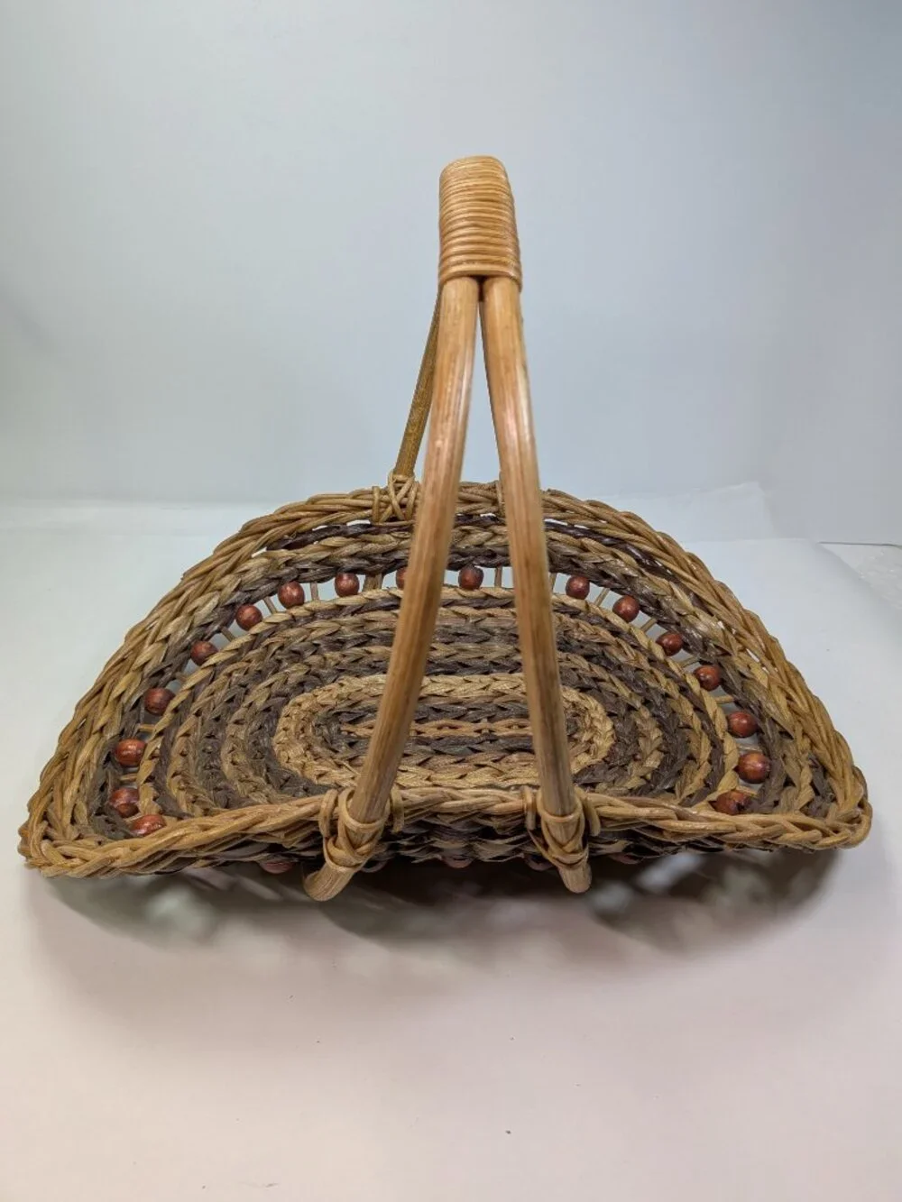 Vintage Woven Two-Tone Scoop Basket Wooden Bead Accent Overhead Handle